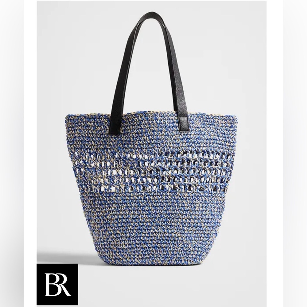 NWT Banana Republic Paper Straw Woven Tote Bag Market Rustic Coastal Blue $110